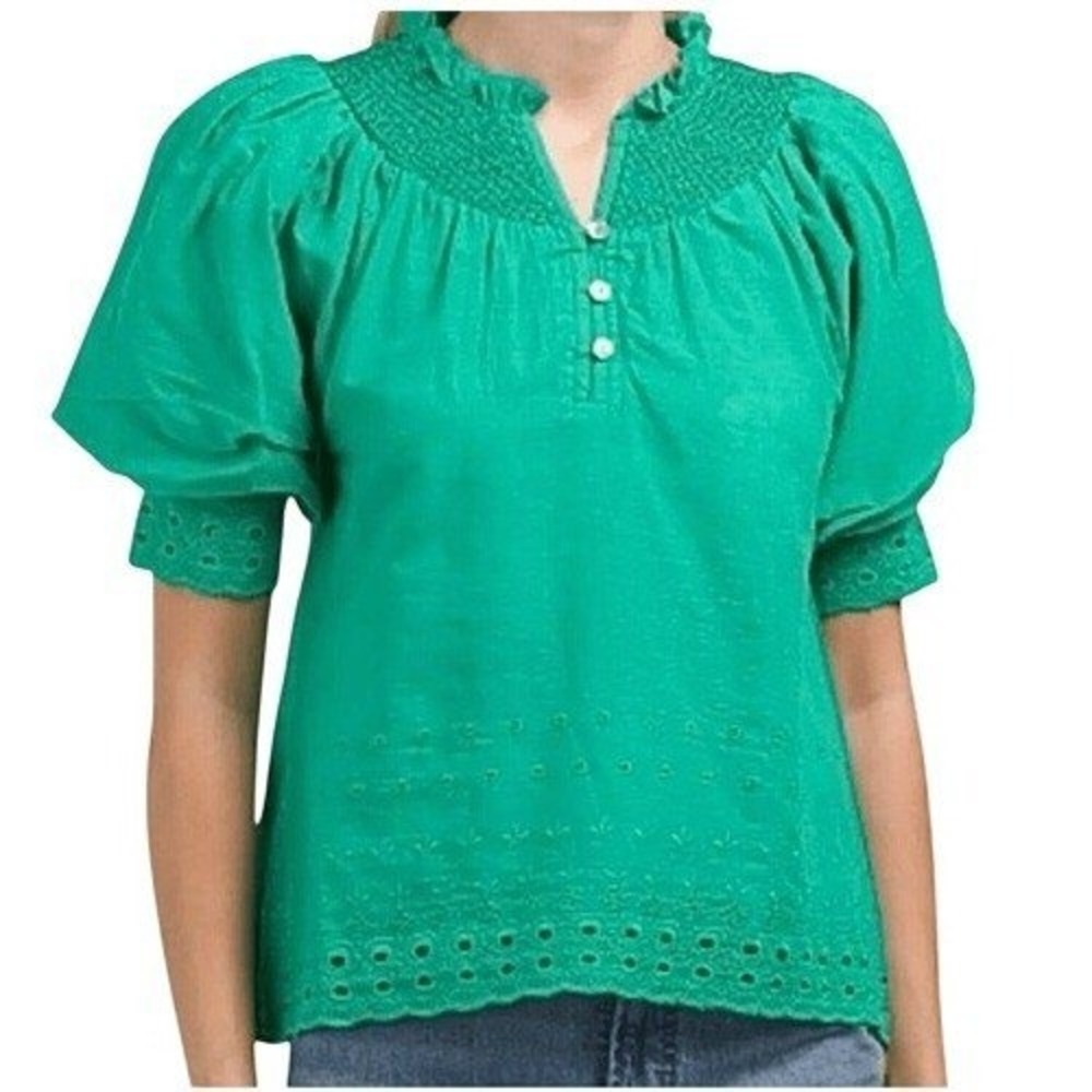 HOUSE OF HARLOW 1960 Emerald Green Cotton Smocked Eyelet Puff Sleeve Top NWT S